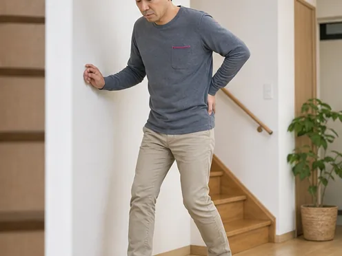 腰の痛みが怖く動くことをためらう男性