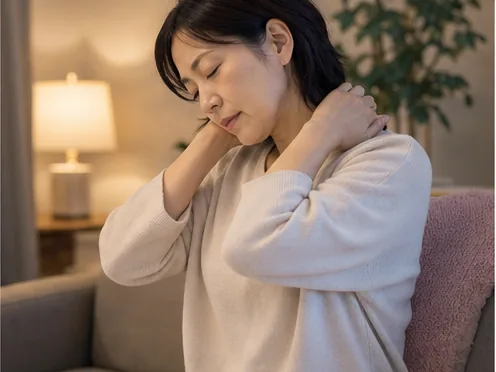 首肩の緊張を感じて手を当てる女性