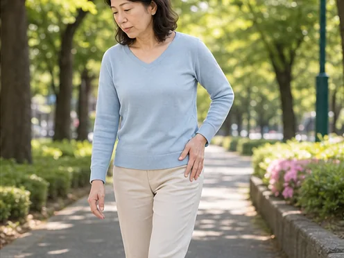 歩行中に股関節の状態を気にする女性