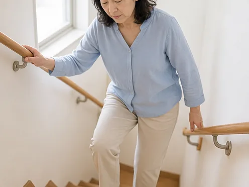 階段で脚全体の連動を確認する女性
