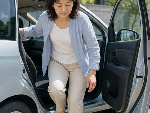 車の乗り降りで股関節の負担を確認する女性