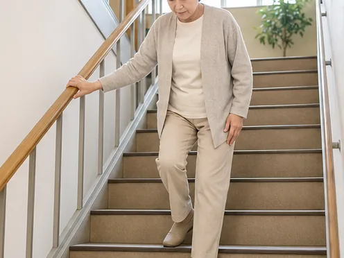 階段を慎重に下りる女性