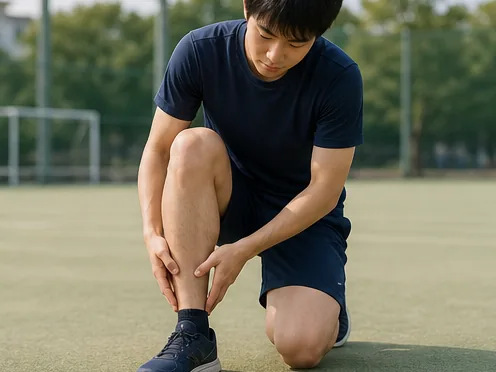 運動後に膝下を確認する学生アスリート