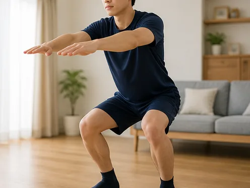 しゃがみ動作を確認する学生アスリート
