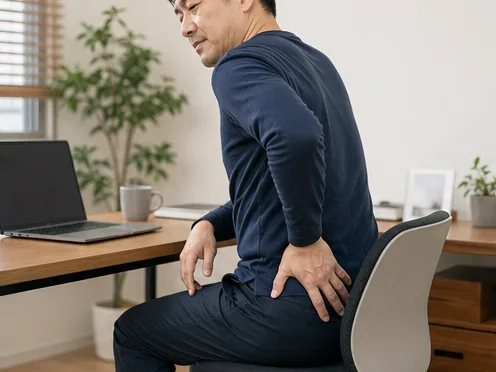 長時間のデスクワークで座る男性