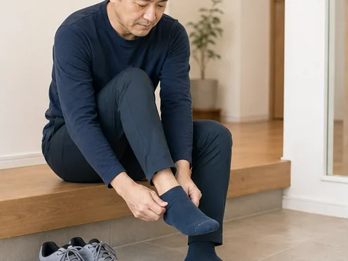 靴下を履く時の股関節の動きを確認する男性