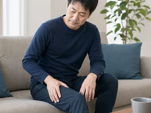 お尻から脚の症状を心配する男性