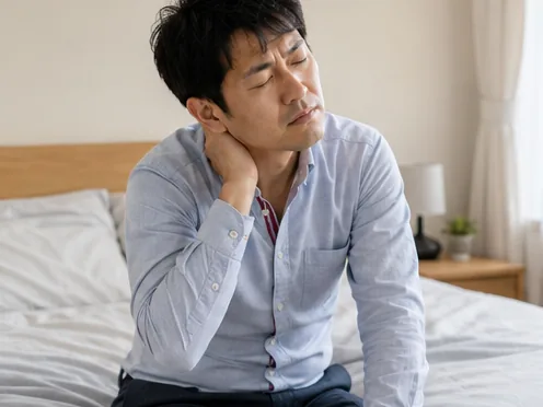 起床時に首の痛みを感じる男性