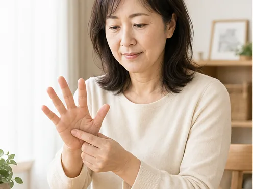 痛む指の付け根だけを気にする女性