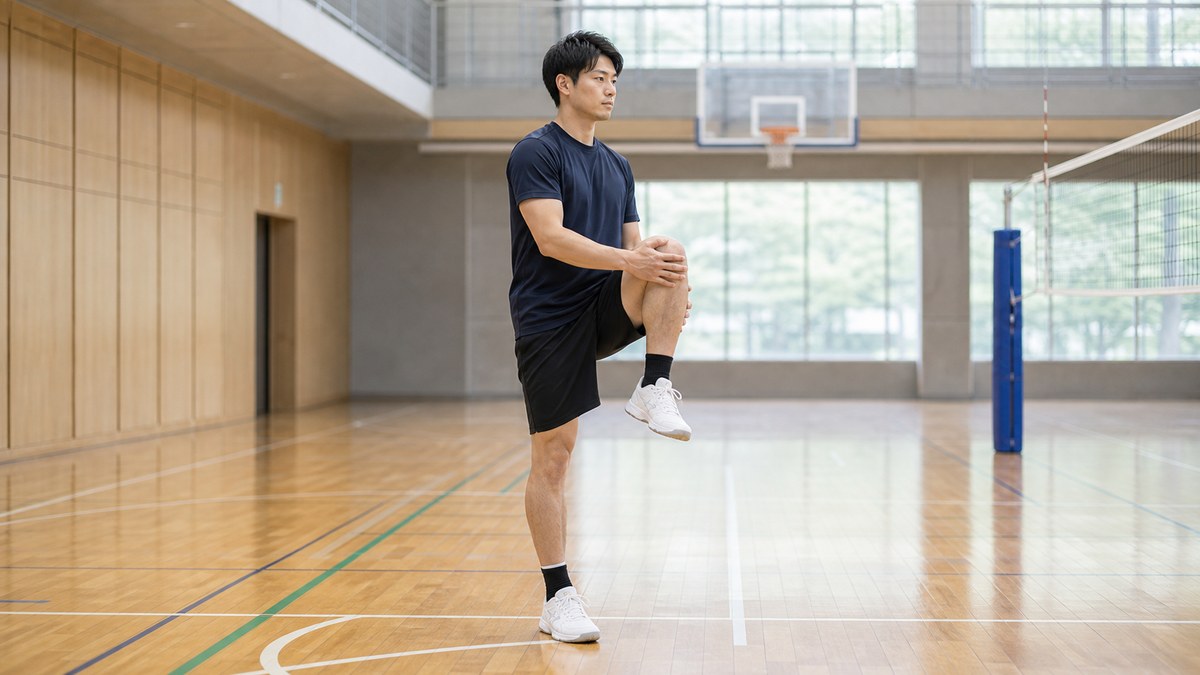 運動前後のウォームアップで膝をケアするイメージ