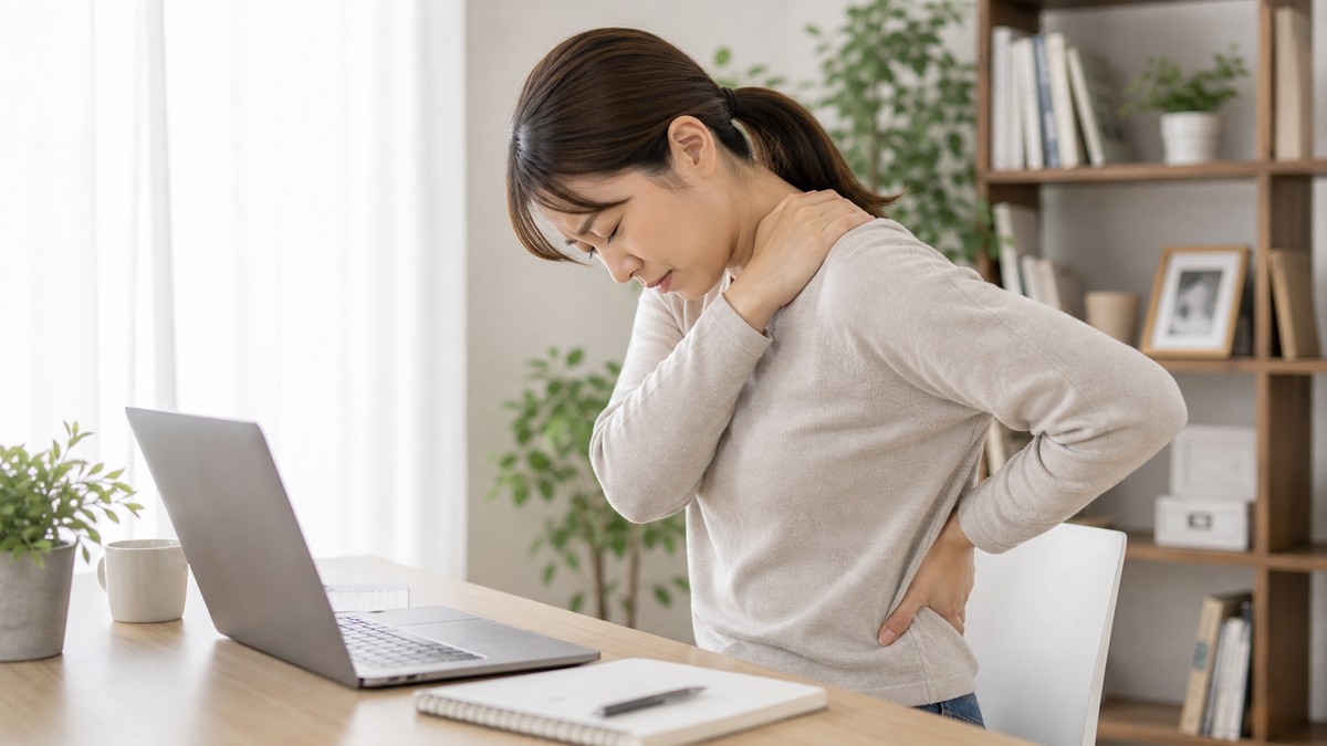 姿勢不良で首や背中に負担がかかるイメージ