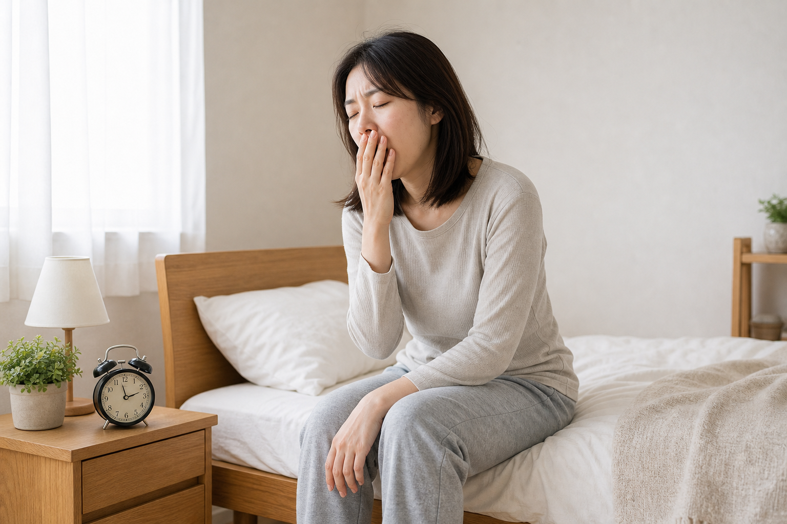 朝になっても強い眠気が残る日本人女性のイメージ