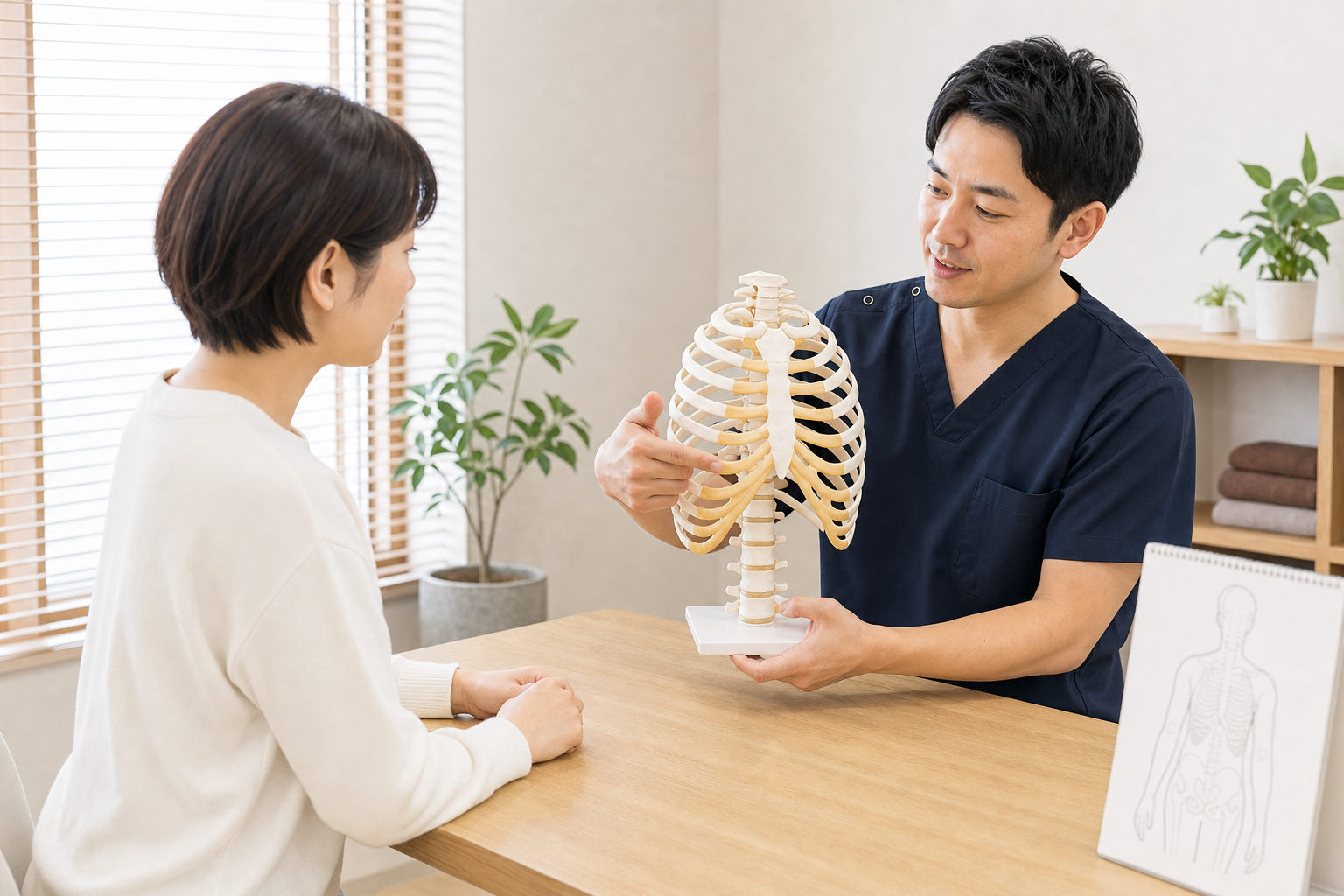 肋骨模型を使って肋骨の構造と役割を説明する整体師のイメージ