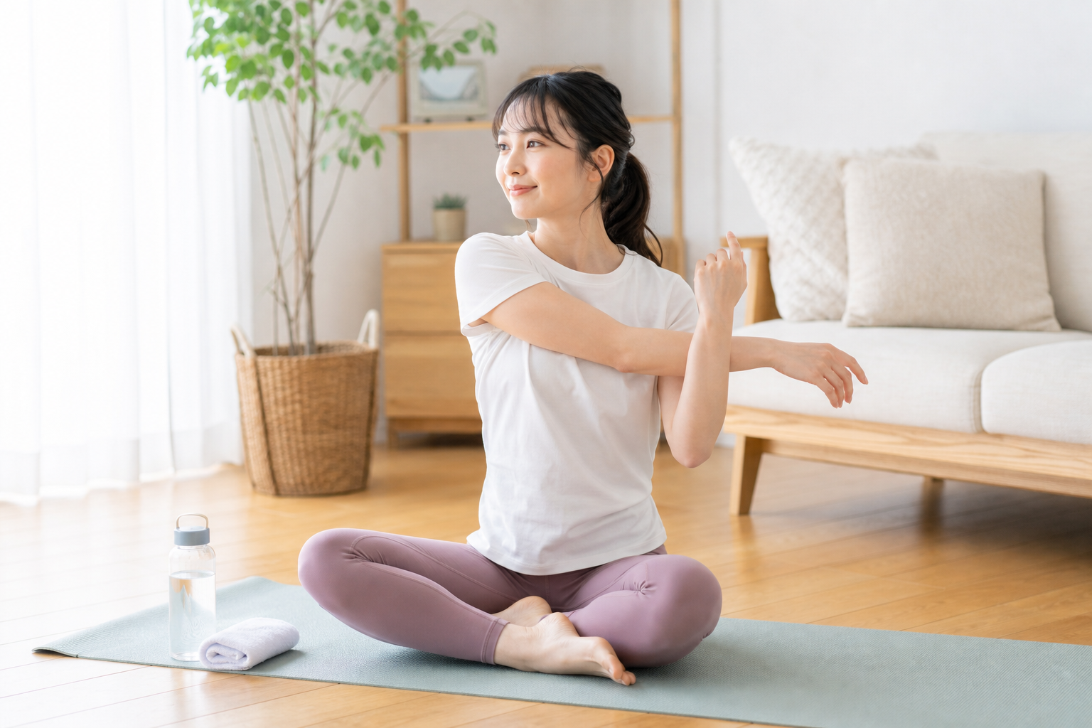 自宅で肩まわりを伸ばしながらストレッチの準備をする日本人女性のイメージ
