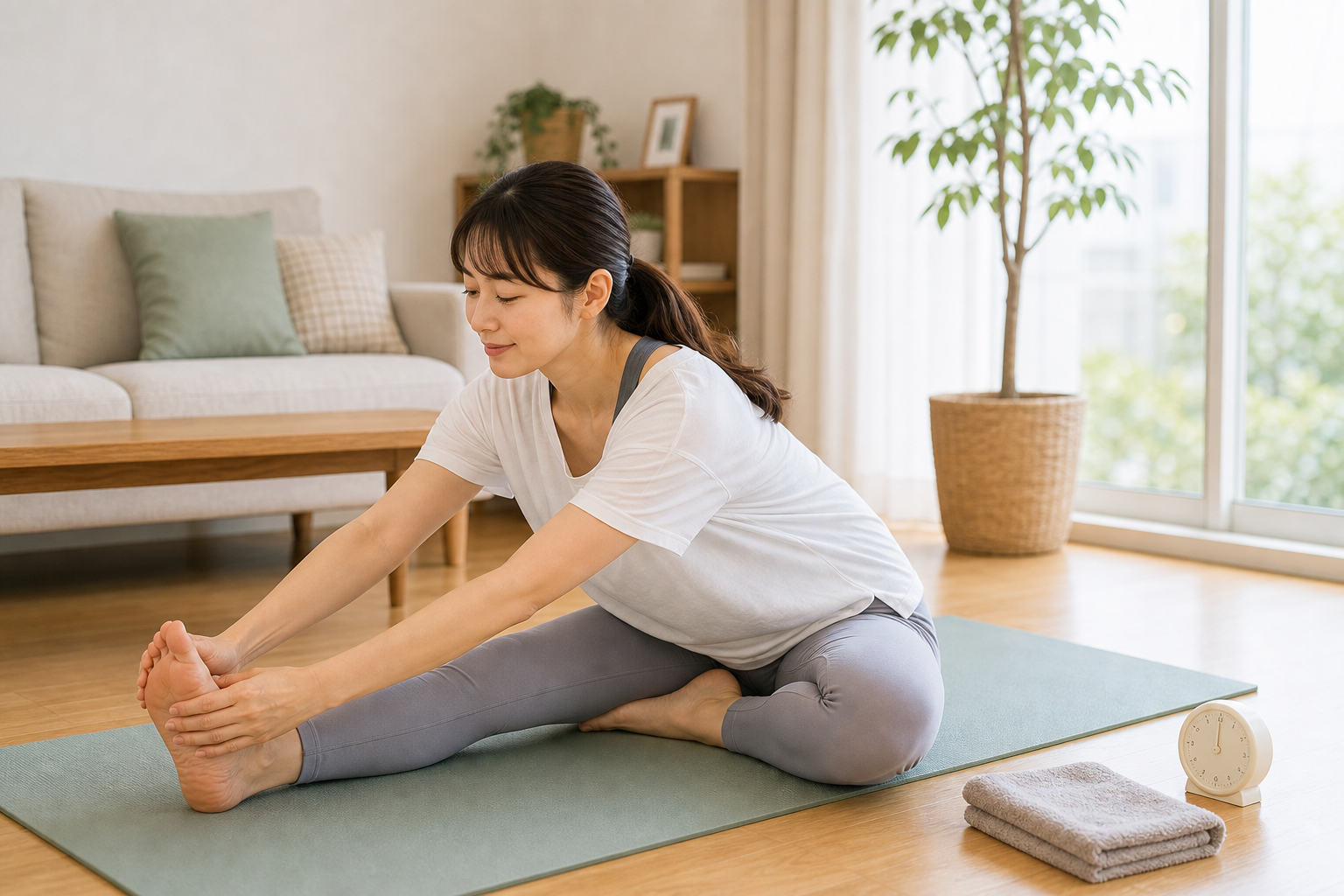 タイマーを置いて脚のストレッチを行う日本人女性のイメージ