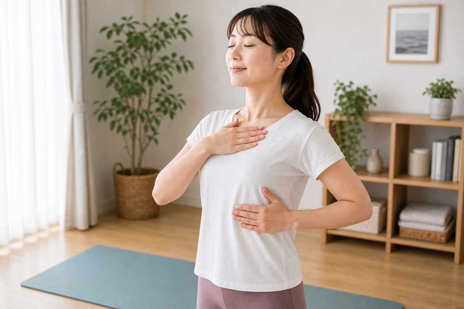 胸と肋骨まわりを意識しながら深呼吸する日本人女性のイメージ