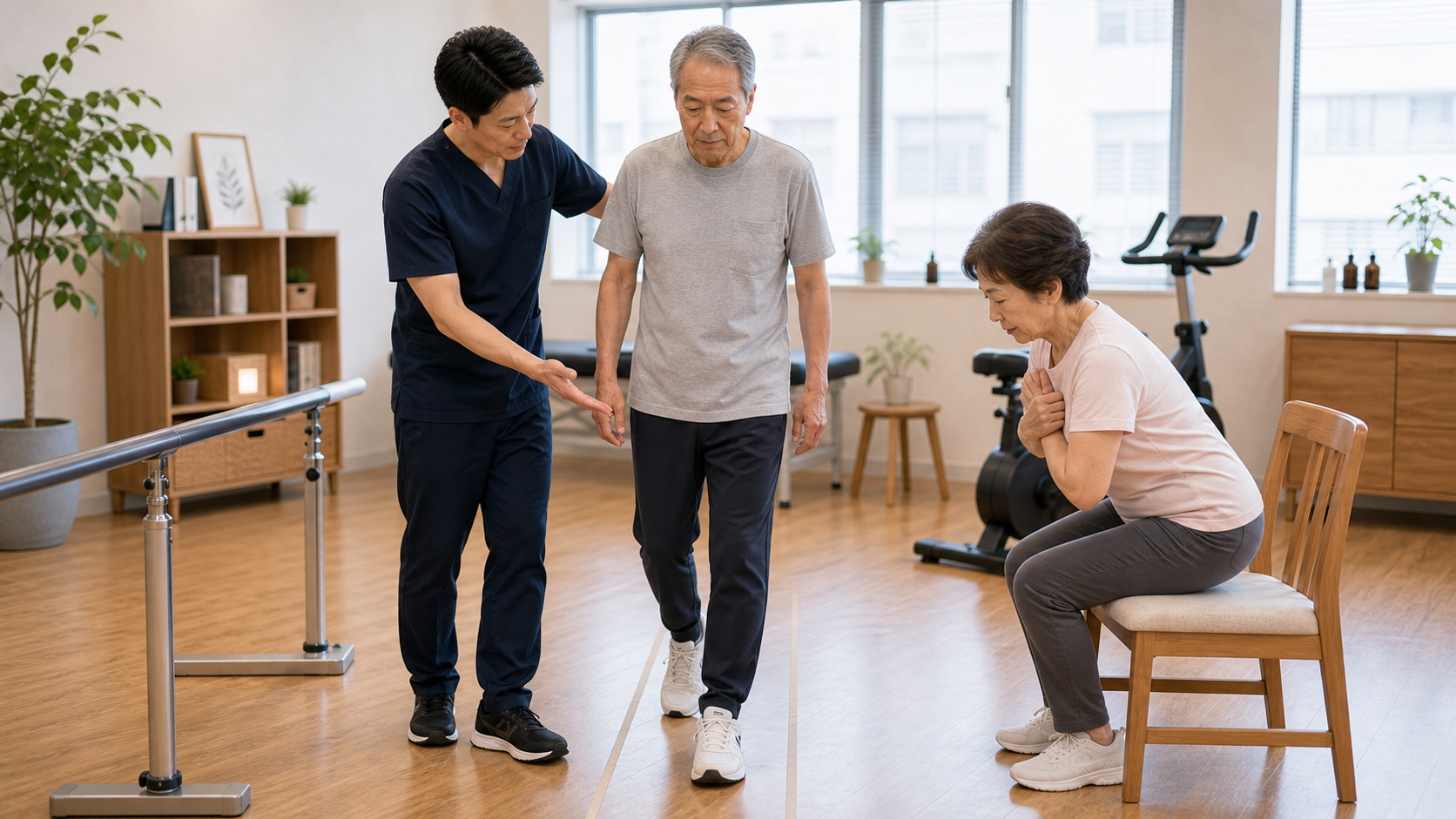 高齢者の歩行と立ち上がりを整体師が確認するイメージ