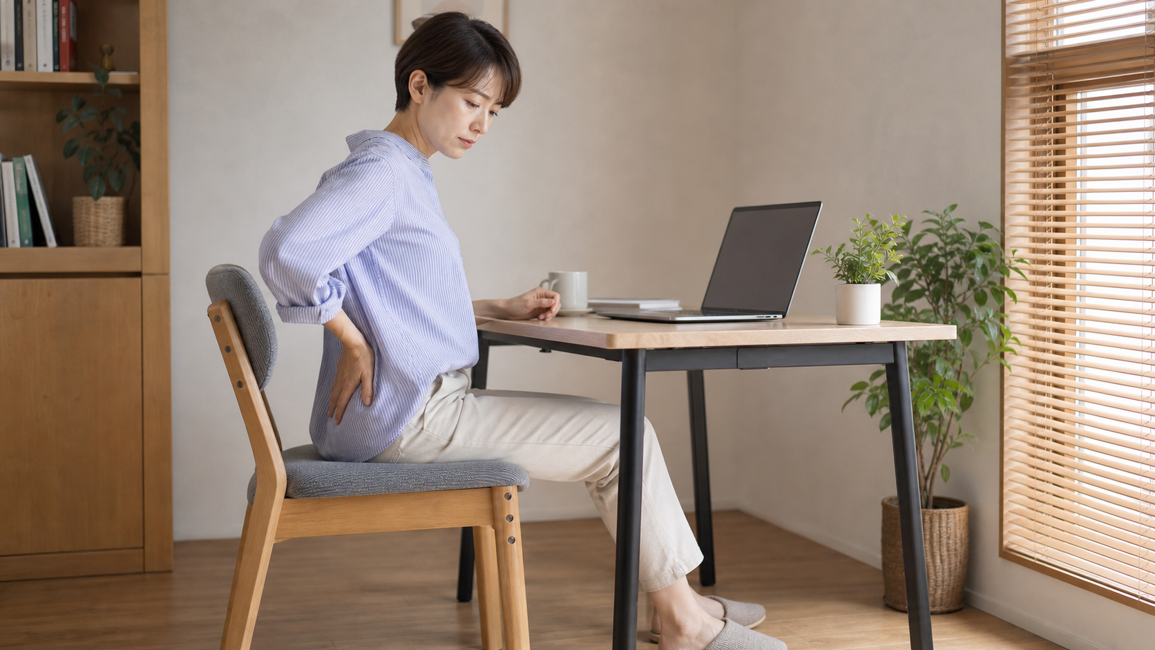 長時間座位で尾てい骨周辺に違和感を覚える日本人女性のイメージ