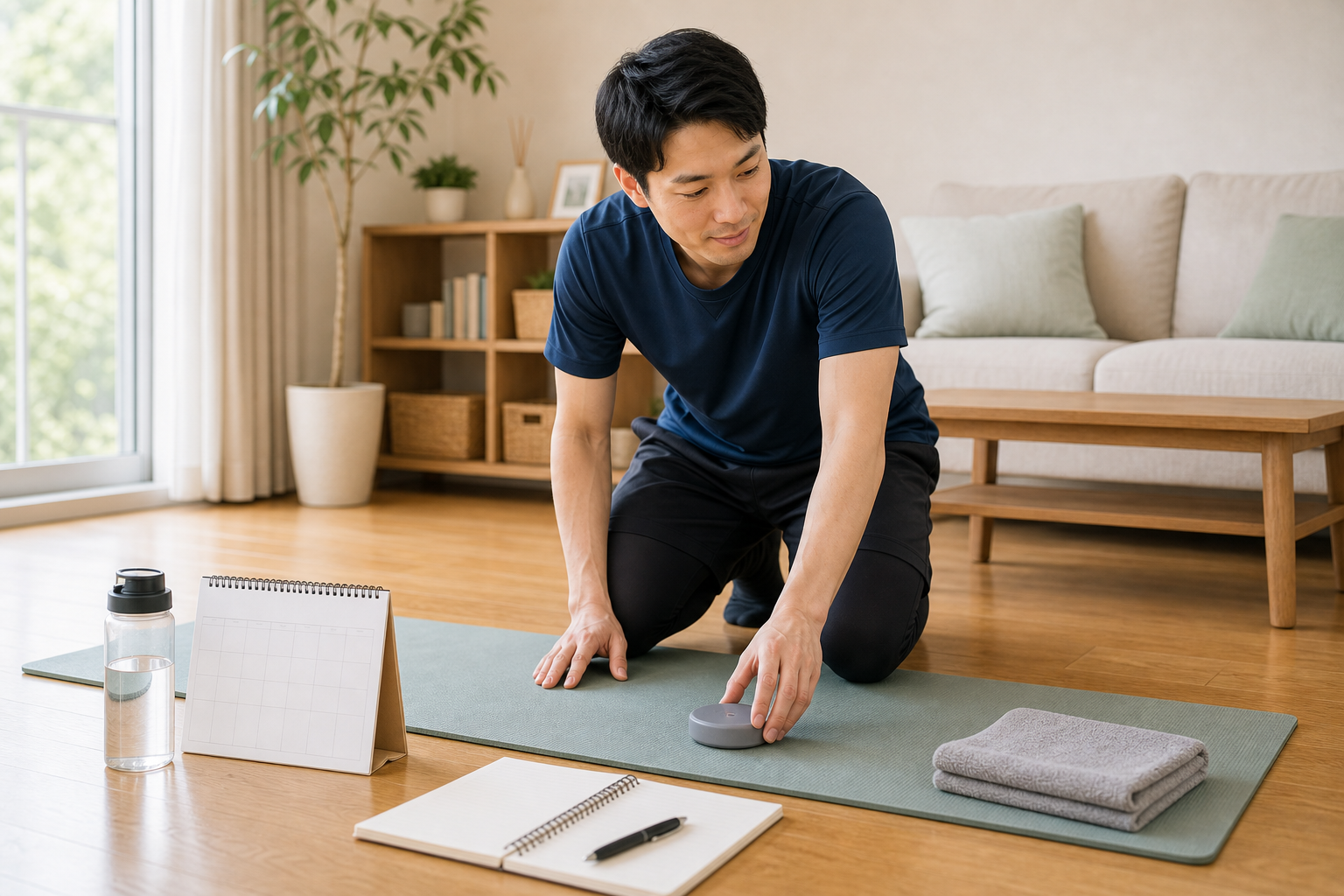 自宅でストレッチ習慣の準備をする日本人男性のイメージ