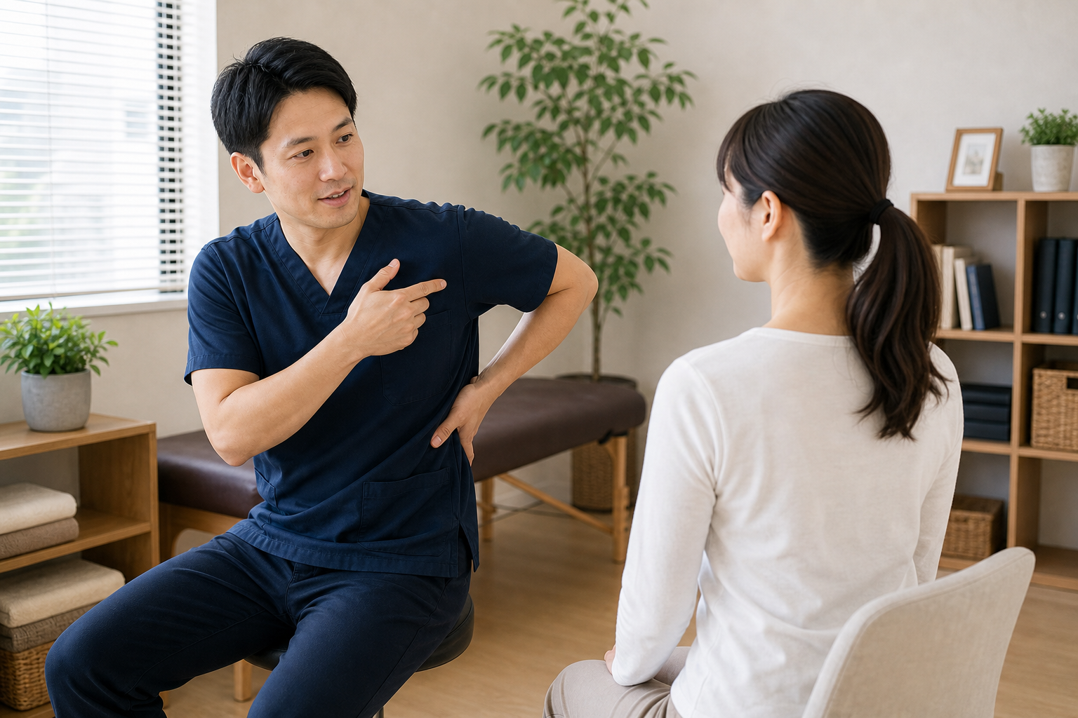 肩甲骨まわりと肩こりの関係を説明する整体師のイメージ