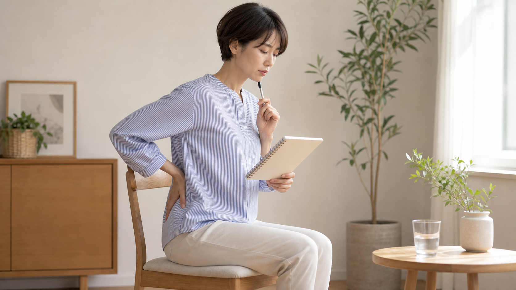 座り姿勢と尾てい骨の痛みをセルフチェックする日本人女性のイメージ