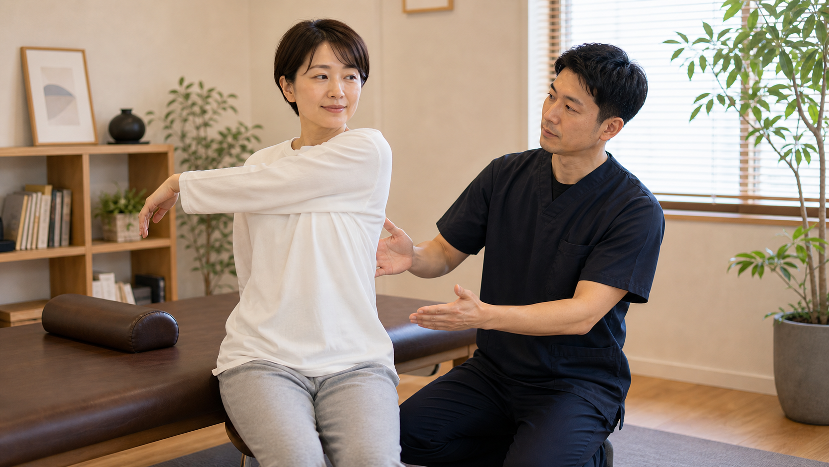 整体後に肩まわりの動きを穏やかに確認する日本人女性のイメージ