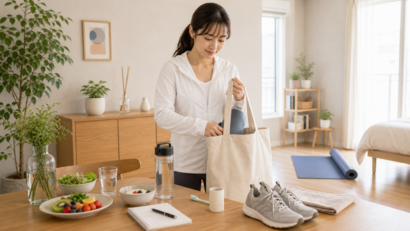 食事や運動など健康的な一日の準備をする日本人女性のイメージ