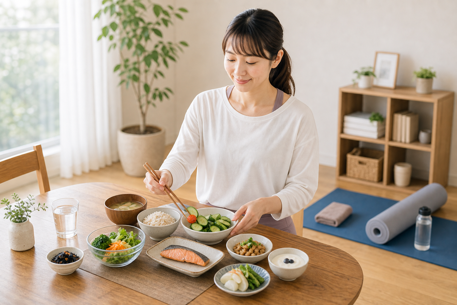 食事と運動を組み合わせて腸活を始める日本人女性のイメージ