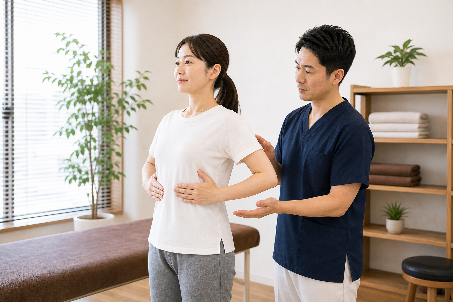 肋骨の動きを意識した深呼吸を整体師が指導するイメージ