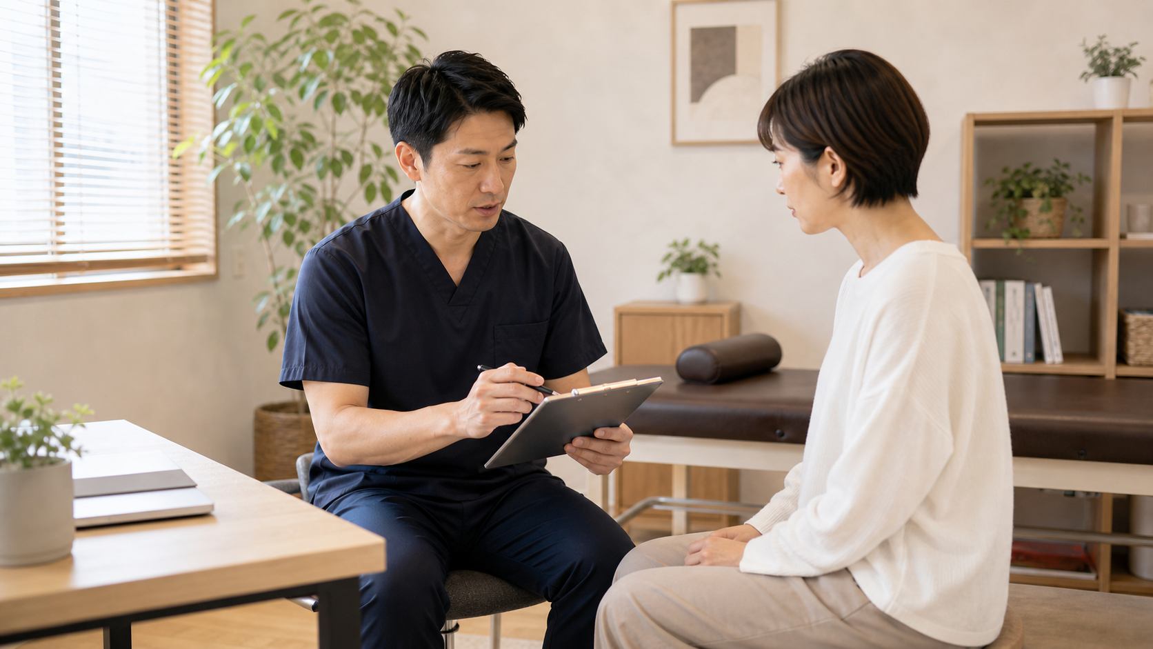 強い矯正前に既往歴や体調を確認する整体師と利用者のイメージ