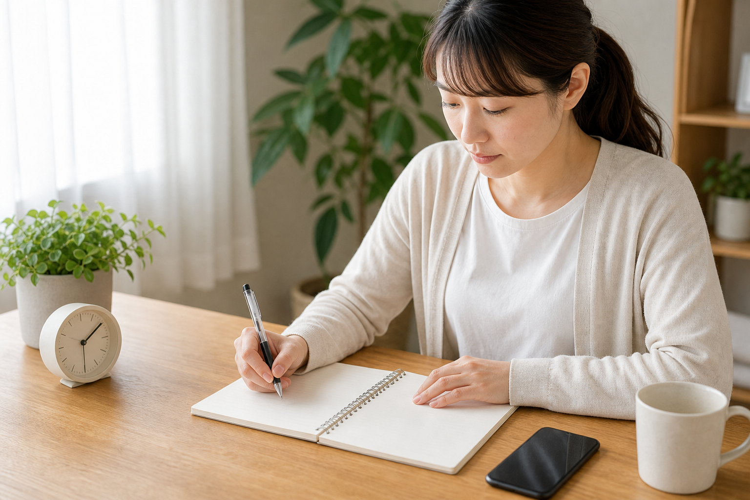 眠気のセルフチェックをノートに記入する日本人女性のイメージ