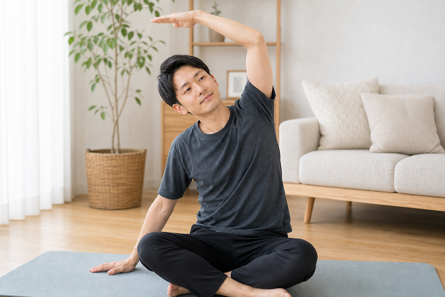 上半身を横に伸ばしてむくみをケアする日本人男性のイメージ