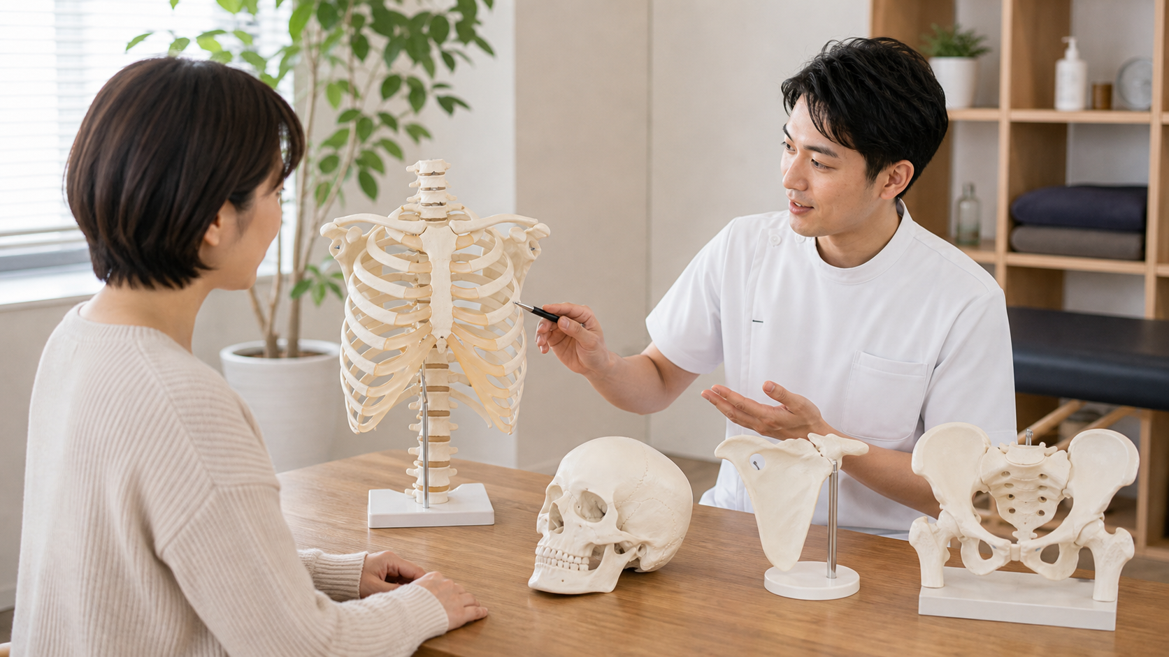 肋骨や頭蓋骨などの骨模型を使って扁平骨を説明するイメージ