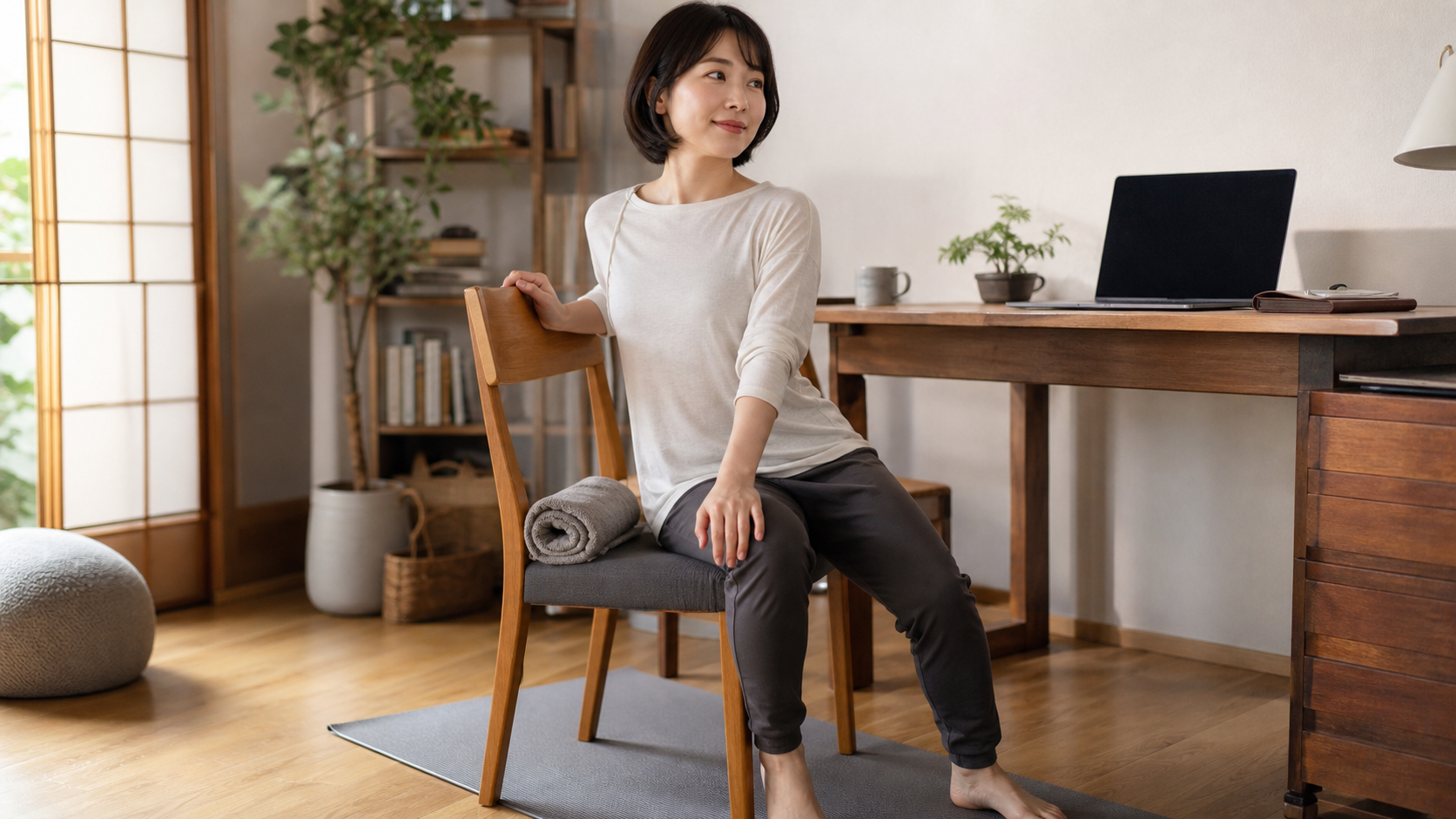 タオルロールを使い楽に座る姿勢を整える日本人女性のイメージ