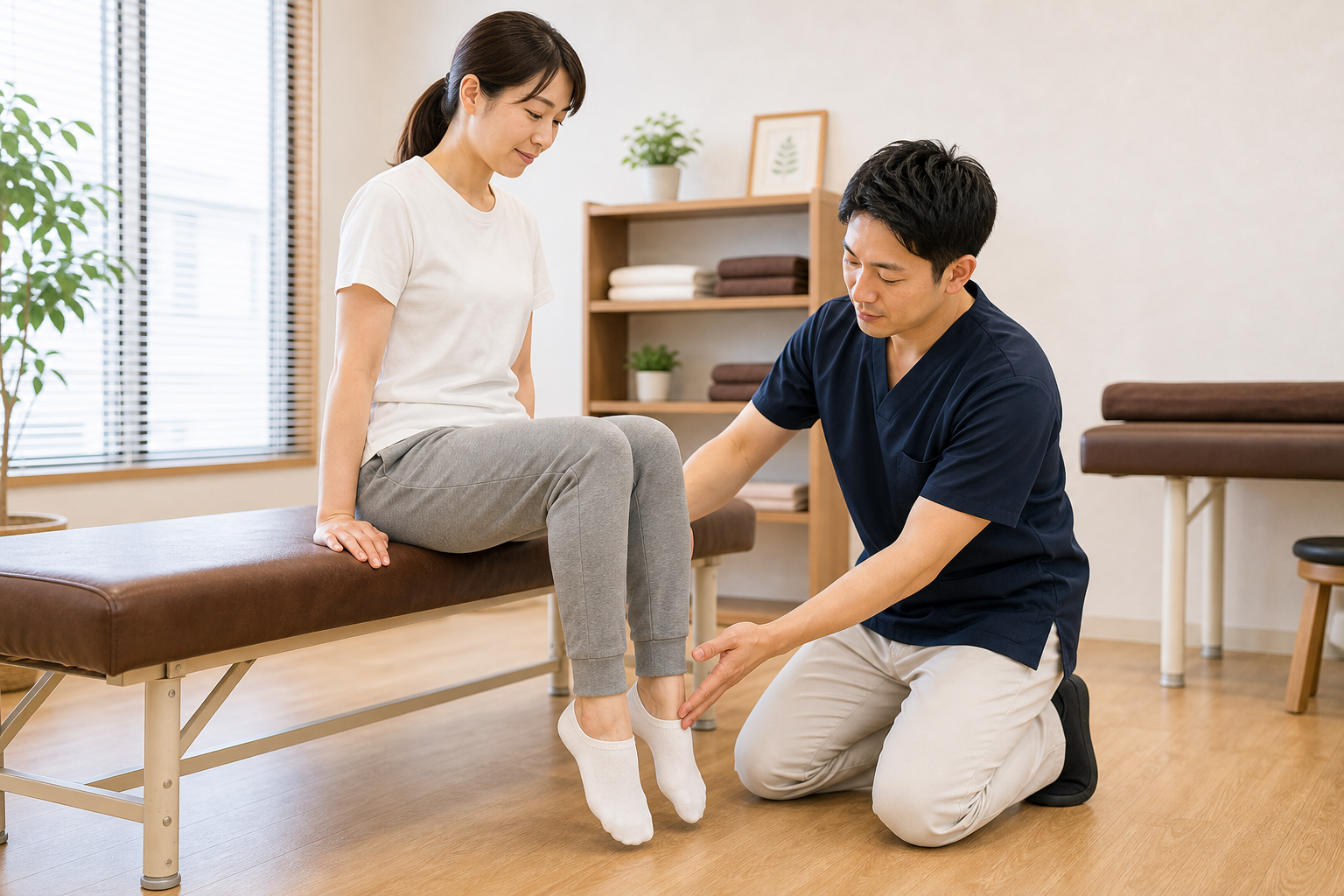 座ったカーフレイズのフォームを整体師が指導するイメージ
