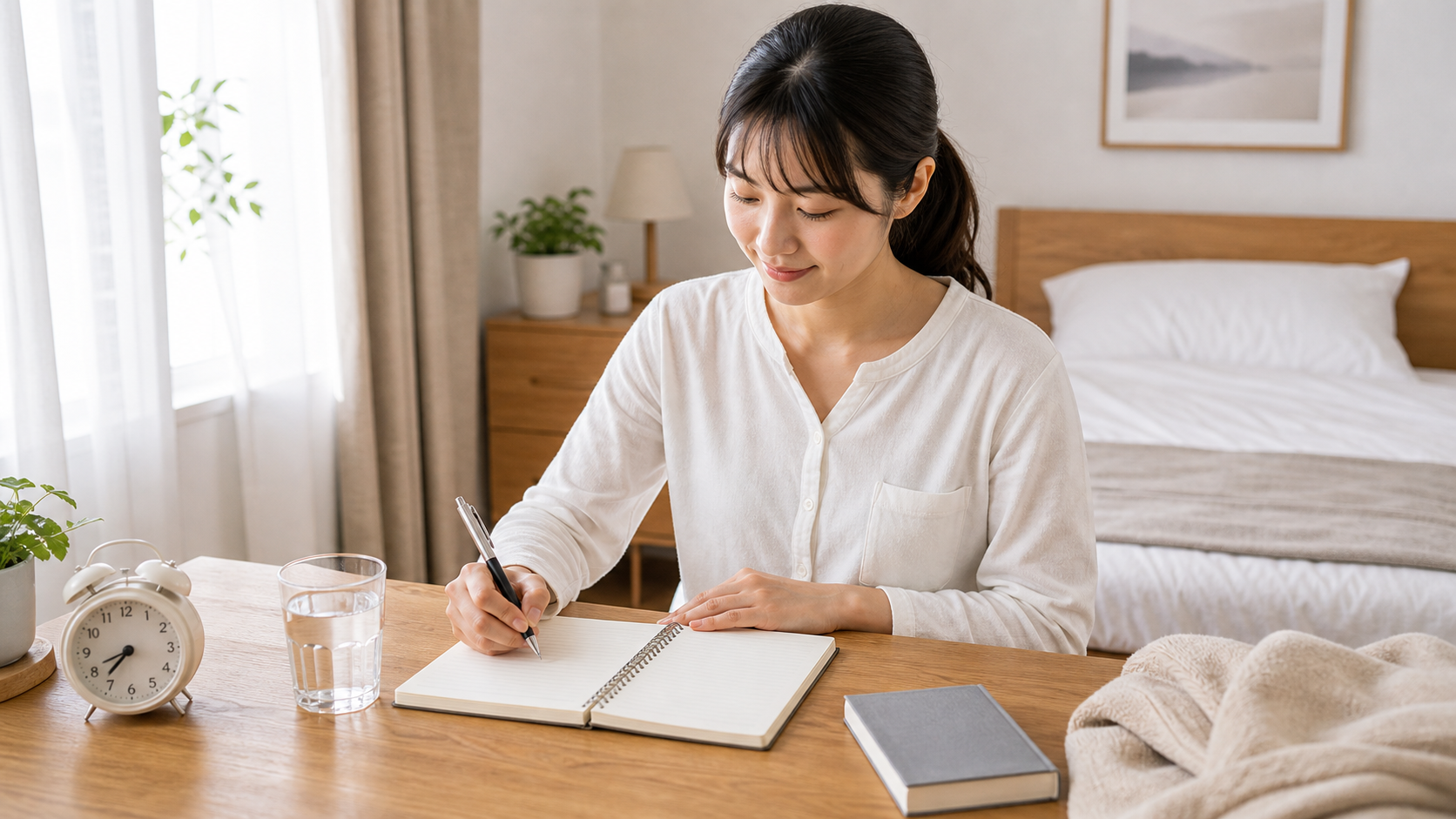 朝の寝室で睡眠日誌をつける日本人女性のイメージ