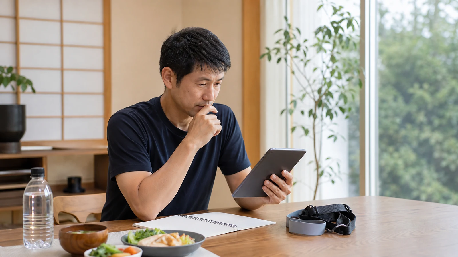 食事と運動の計画を確認する40代男性