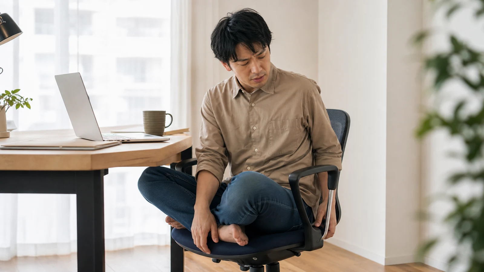 椅子の上であぐらをかき腰に違和感を覚える成人