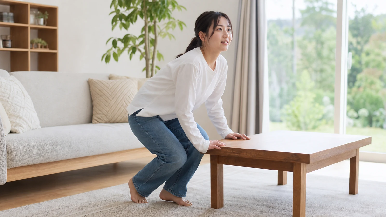 床座りから立ち上がり姿勢を変える成人