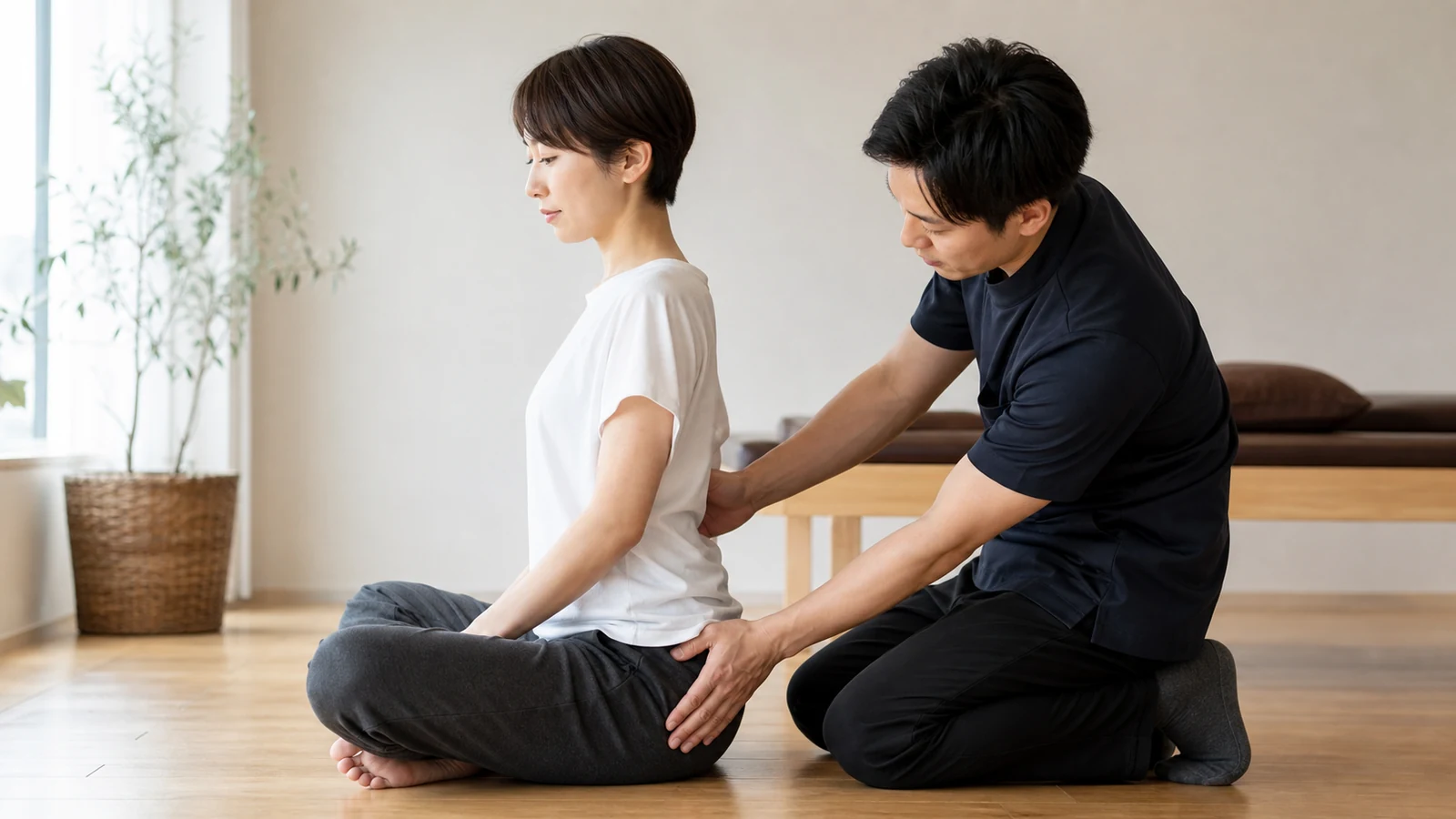 あぐら時の骨盤と腰の位置を専門家が確認する様子