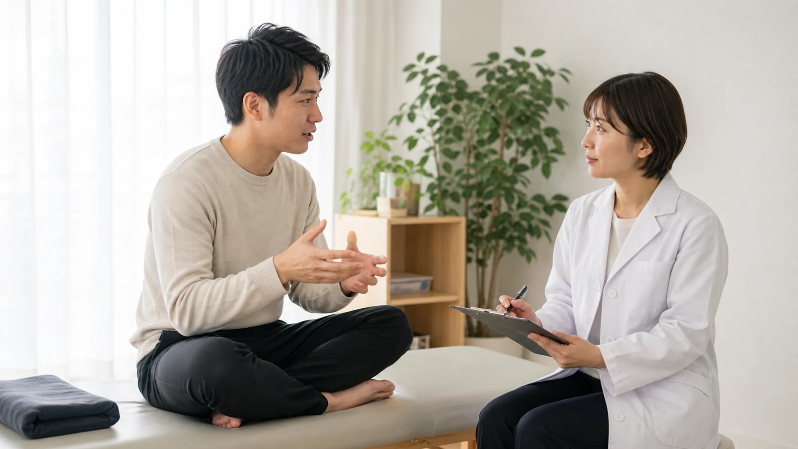 あぐらの座り方について専門家へ質問する様子