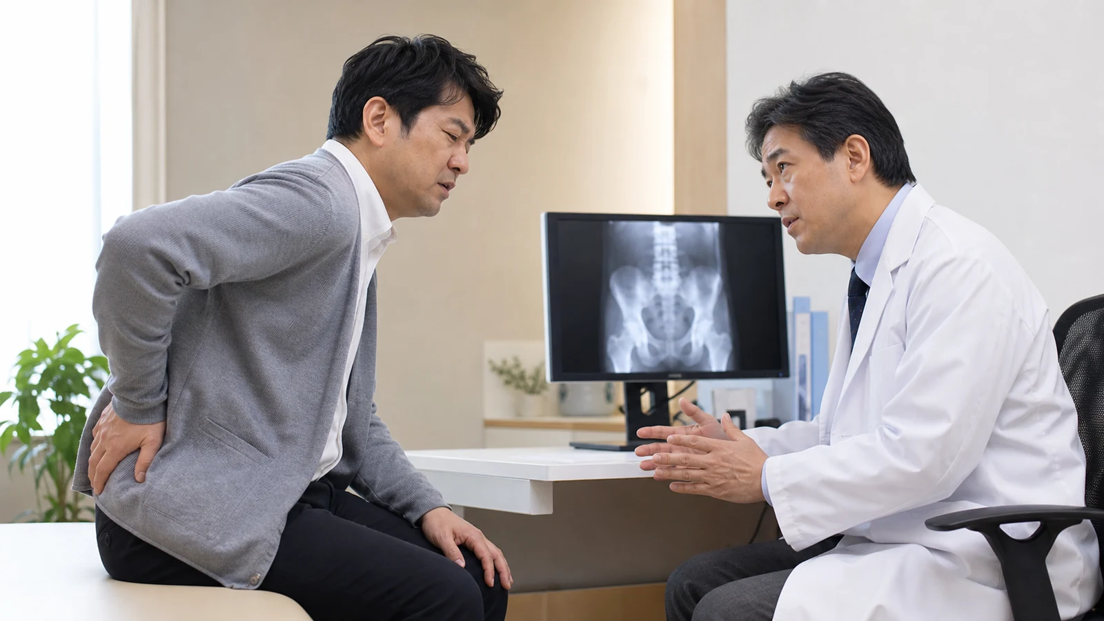 股関節痛と歩きにくさを医師へ相談する様子