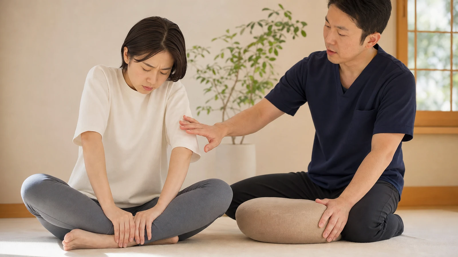 あぐらで膝を無理に押さないよう案内する専門家