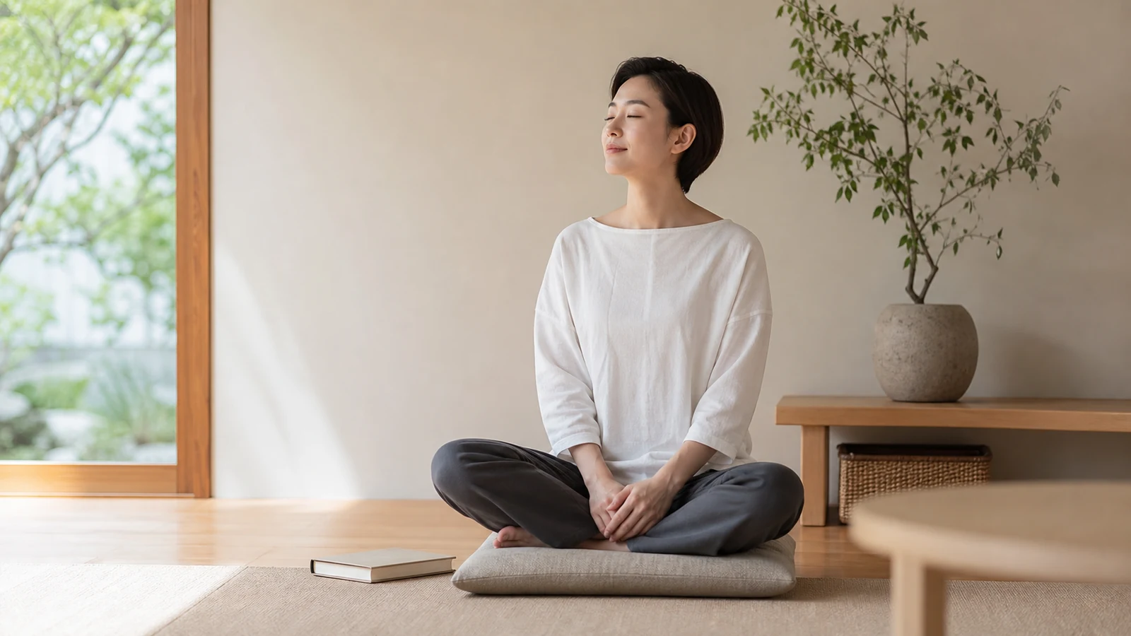 クッションで短時間あぐらを活用する成人
