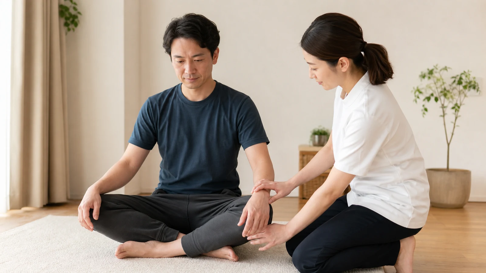 専門家があぐら時の膝の高さと股関節を確認する様子