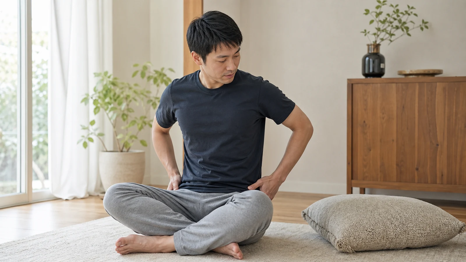 あぐらの快適さと骨盤の位置を確認する成人