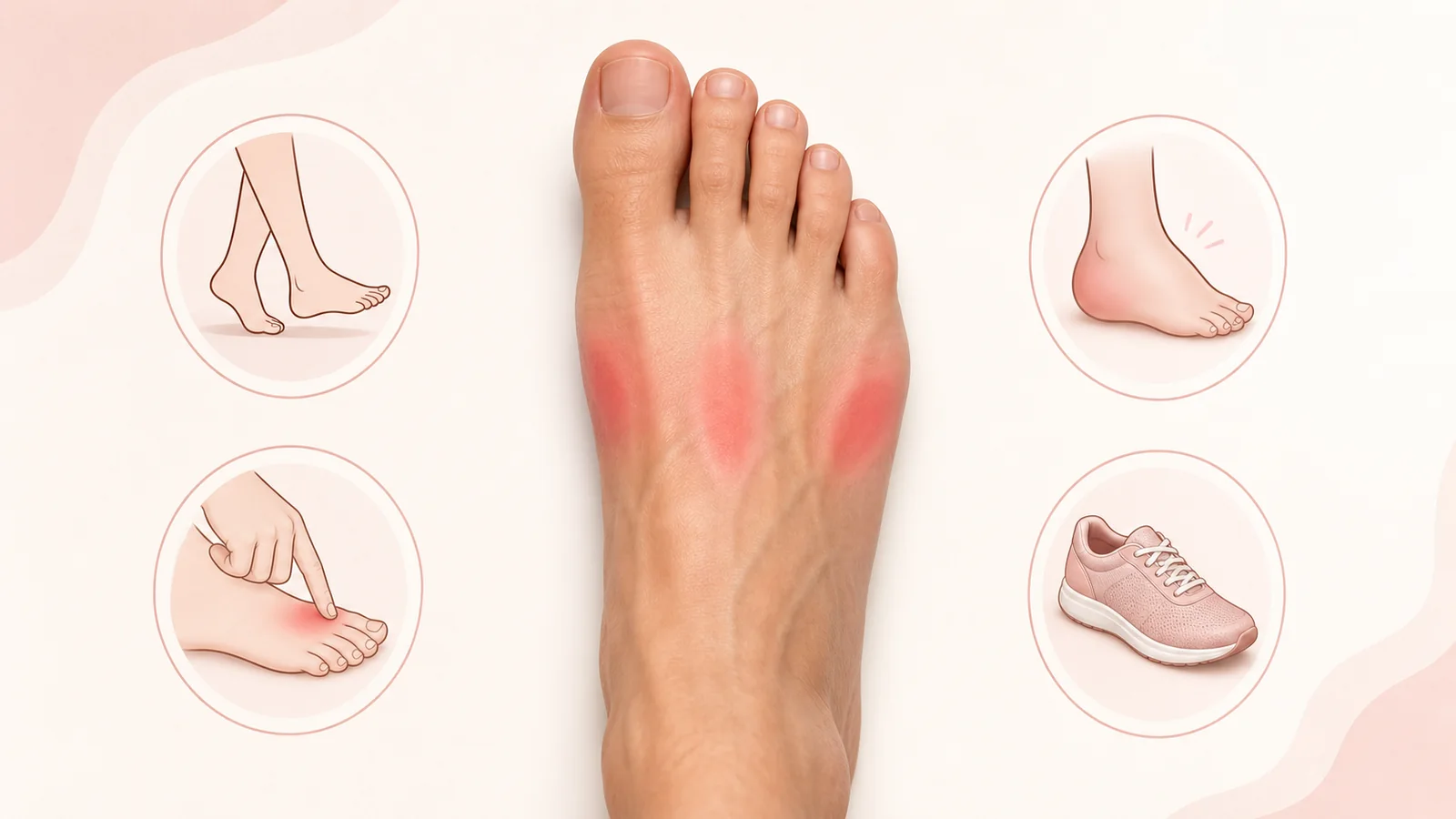 足の甲の痛む場所や腫れをセルフチェックする様子