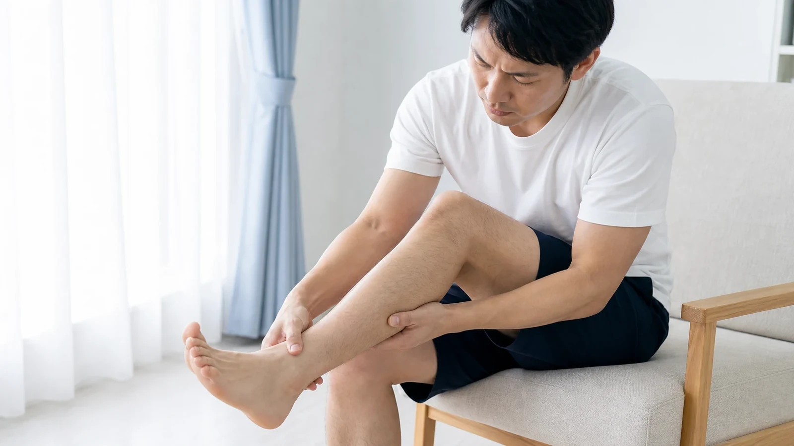 過去の捻挫による足首の違和感を確認する男性