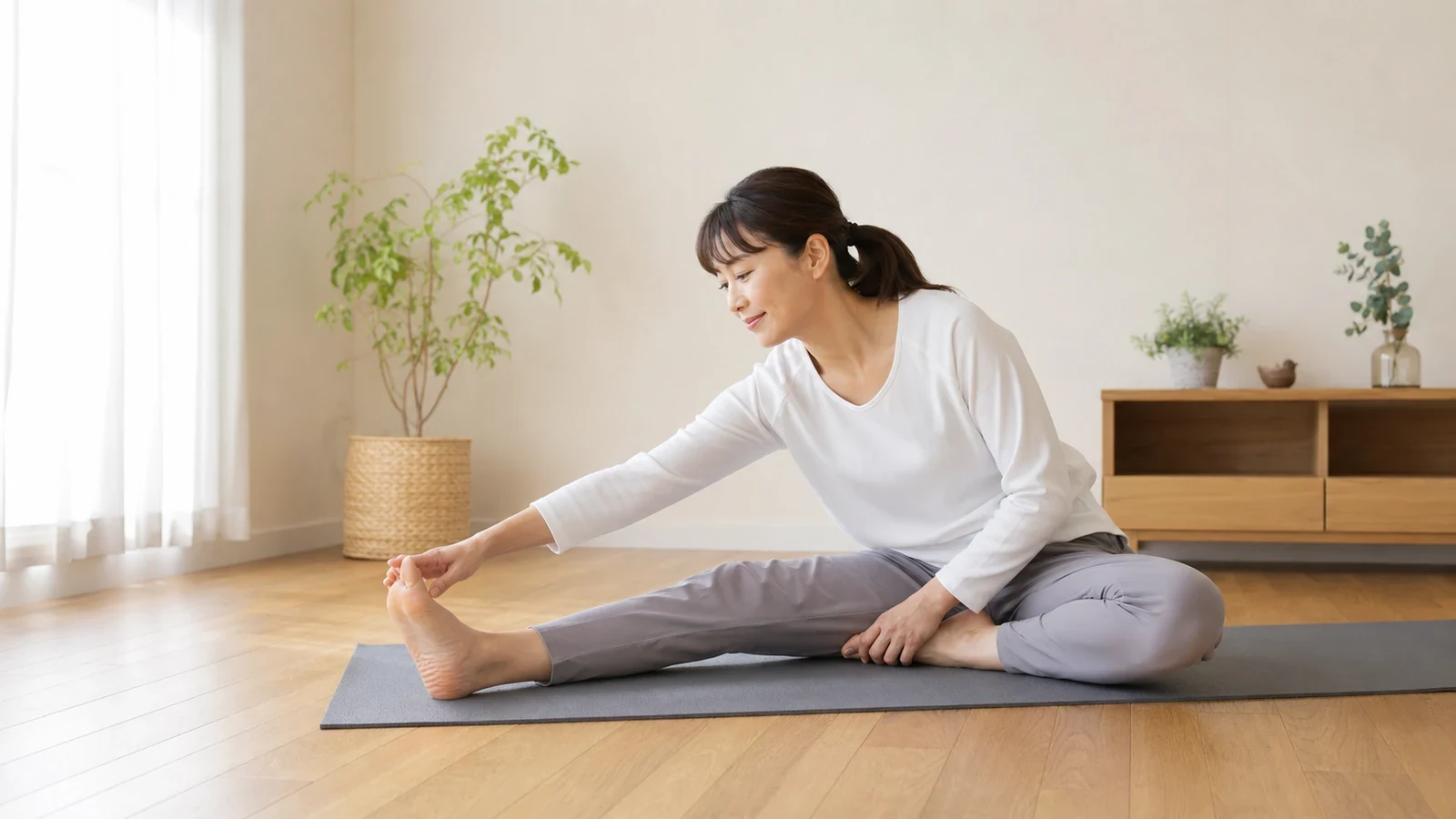 床で脚を伸ばし柔軟性を高めるストレッチを行う女性