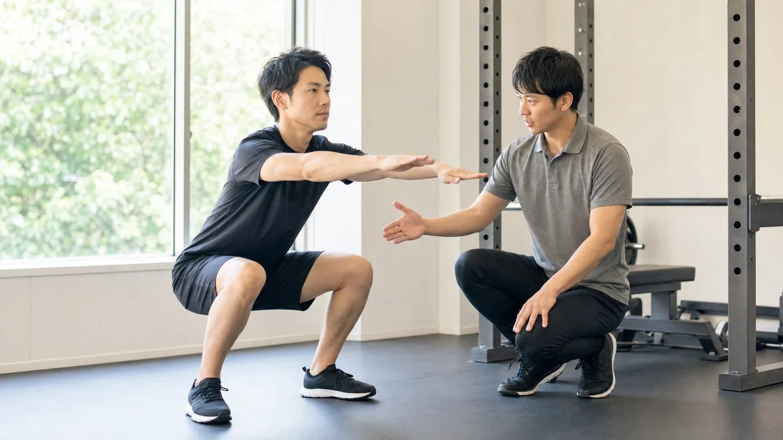 トレーナーの指導でフォームを確認する男性